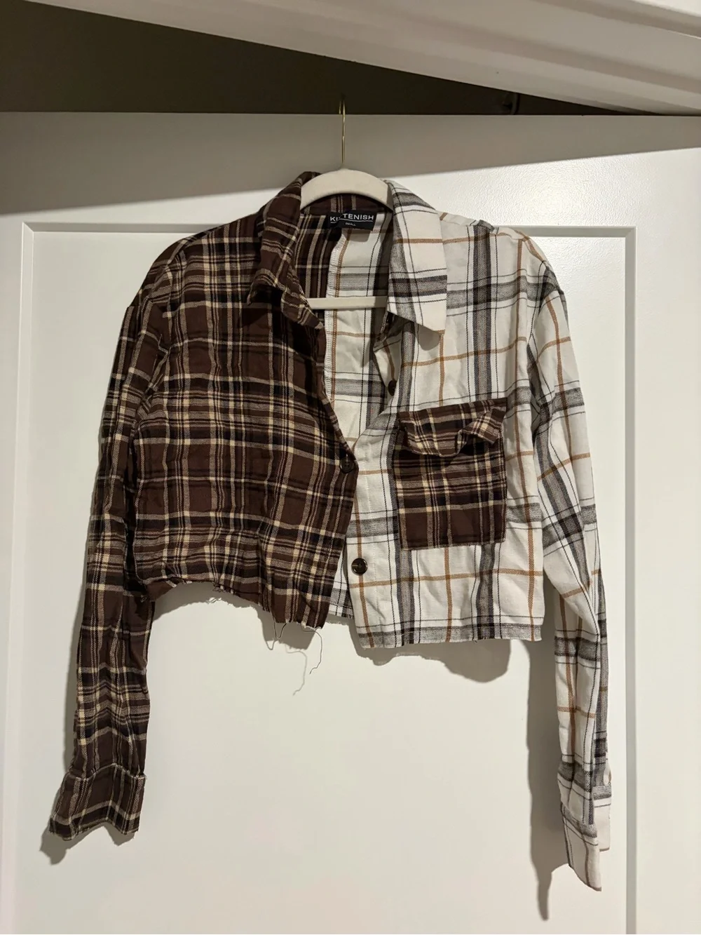 Two-Tone Brown & White Plaid Cropped Button-Up